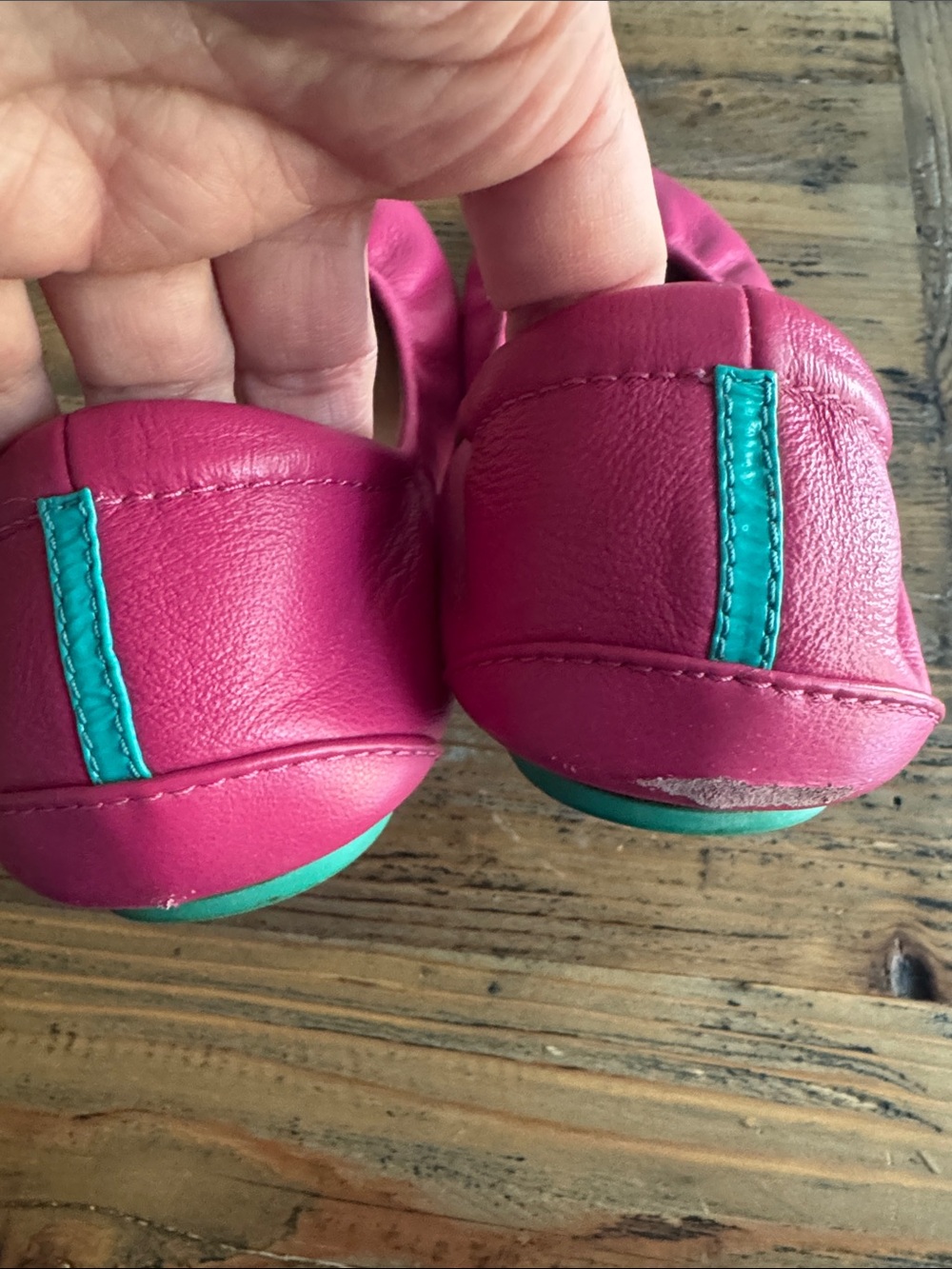 Women's Pink Leather Ballet Flats with Turquoise Heel Tab - Picture 6 of 8
